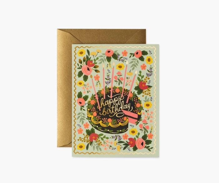 Floral Cake Birthday Single Greeting Card