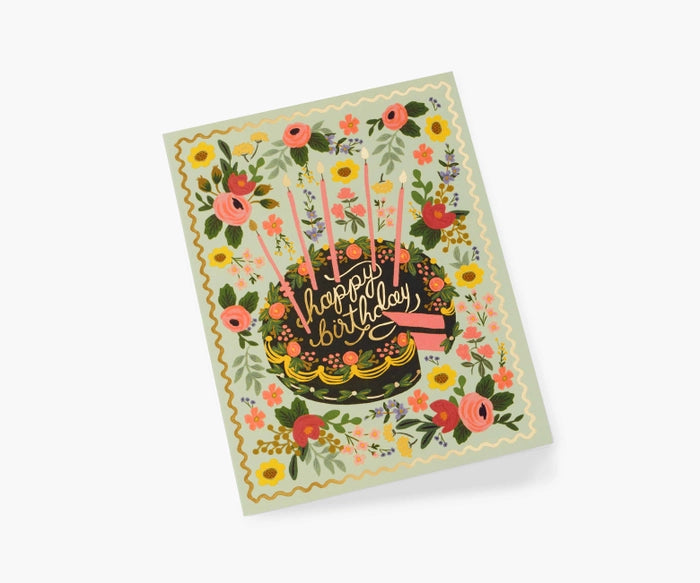 Floral Cake Birthday Single Greeting Card